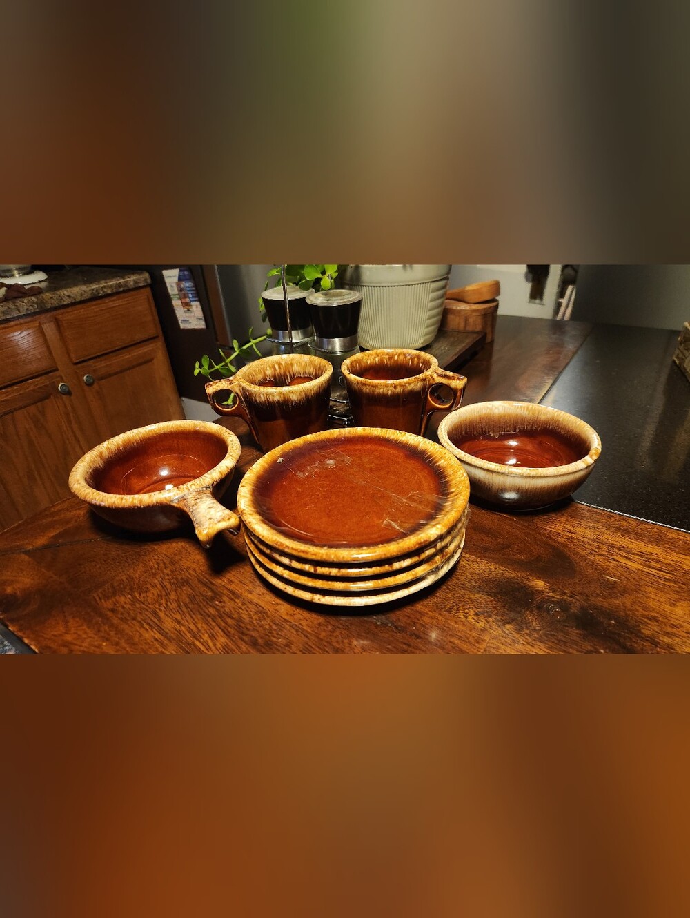 Hull Rustic Brown Glazed Ceramic Mug, Bowl and Saucer- Mugs with 4 Saucer.